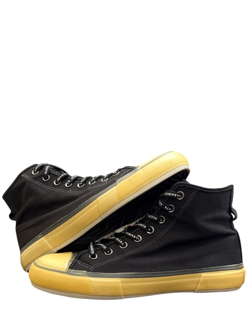 ALLSAINTS - BLACK CANVAS YELLOW TRANSLUCENT RUBBER SOLES “JAXON” HI TOP SNEAKERS